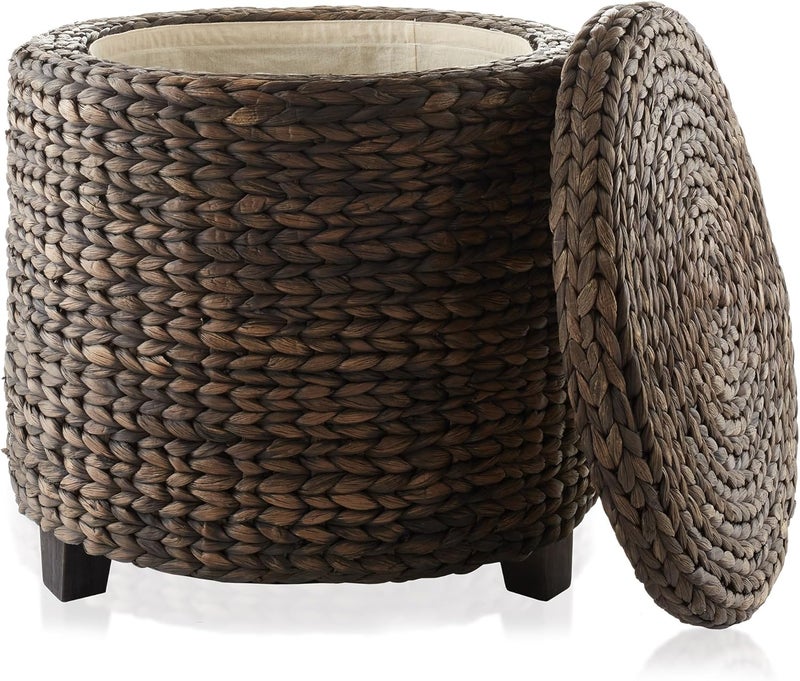 Casafield 17" Round Storage Ottoman with Lid - Espresso, Handwoven Water Hyacinth Footstool for Living Room, Bedroom, Bathroom, Home Office - Image 1